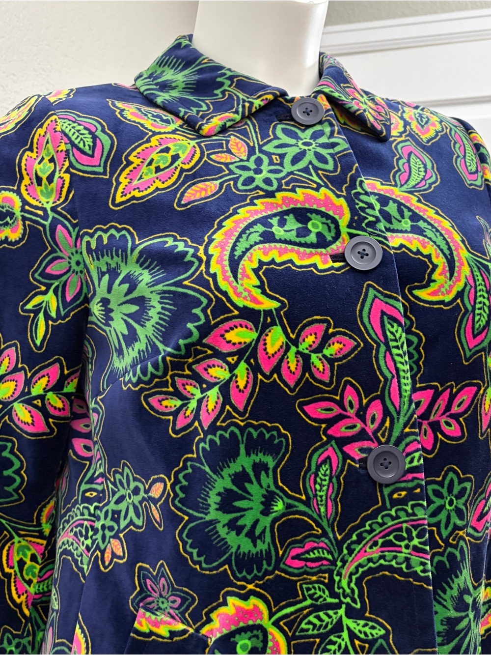Boden Navy Long-Sleeve Paisley Velvet Floral Button Coat - Size 14 - Picture 2 of 14